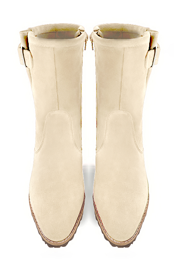 Champagne beige women's ankle boots with buckles on the sides. Round toe. Medium block heels. Top view - Florence KOOIJMAN